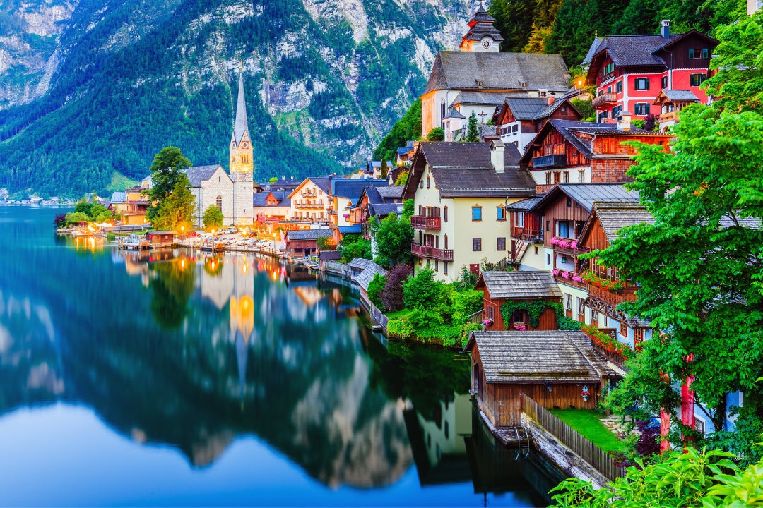 austria lakeside village at dusk