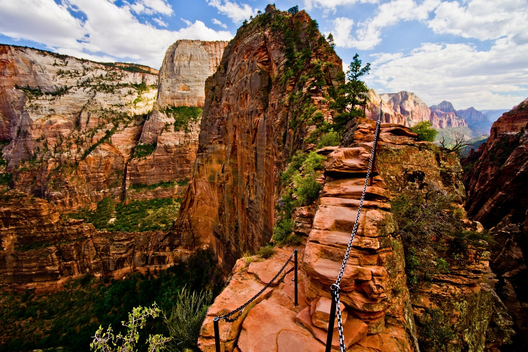 best zion hikes towering red canyon steps and chain rope