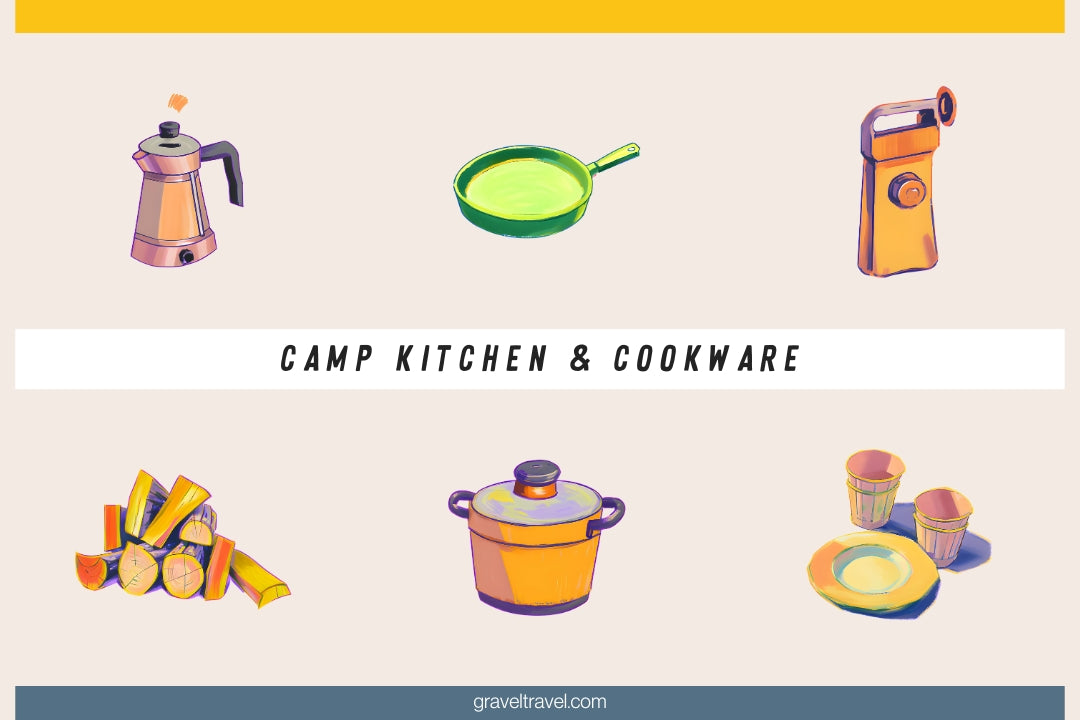 camp kitchen and cookware watercolor collage