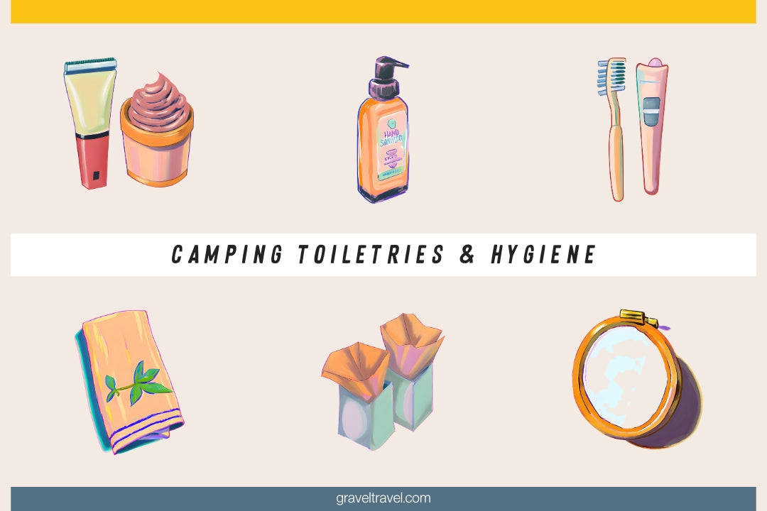 collage aquarelle d'articles de toilette de camping