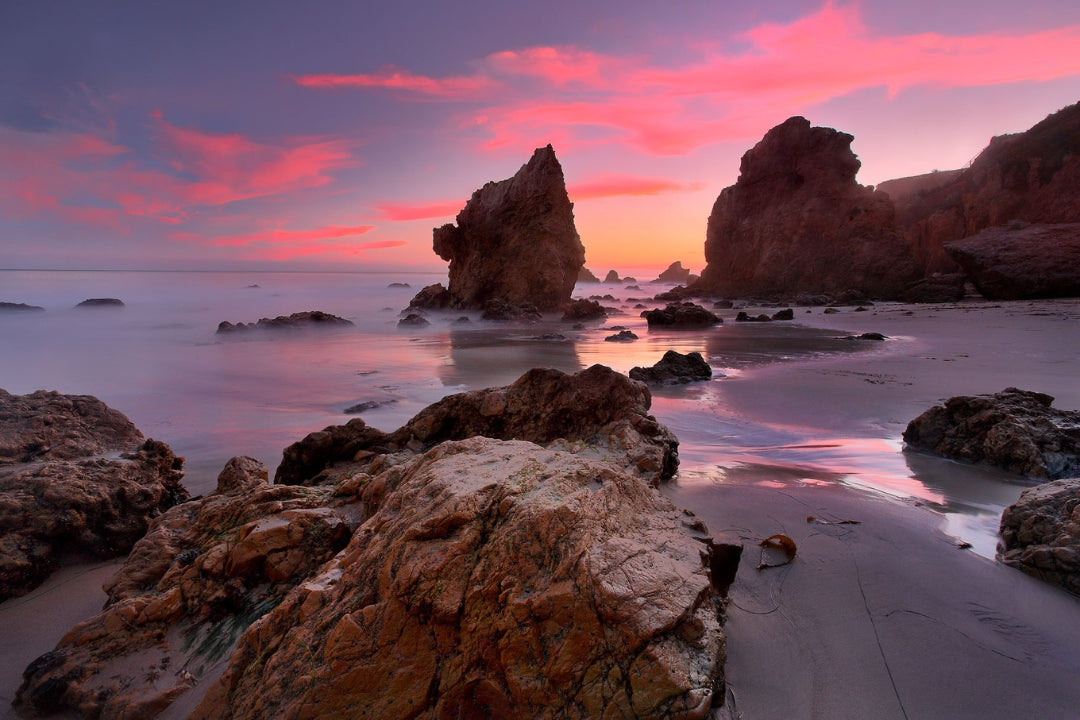 el matador beach sea stacks pink sunset