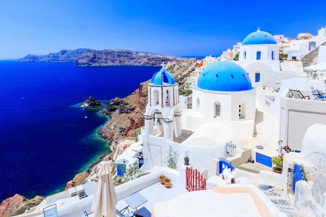 greece santorini blue domes and sea