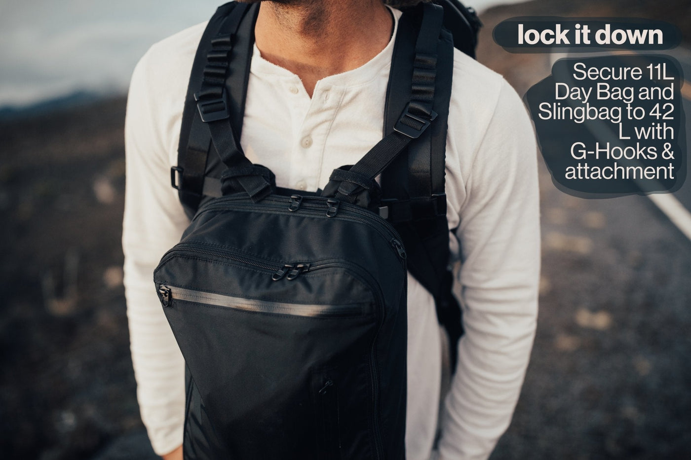 42L Carry-On Backpack - Gravel - Lock it down. Secure 11 Liter Day Bag to your 42 Liter with g-hooks and an attachment