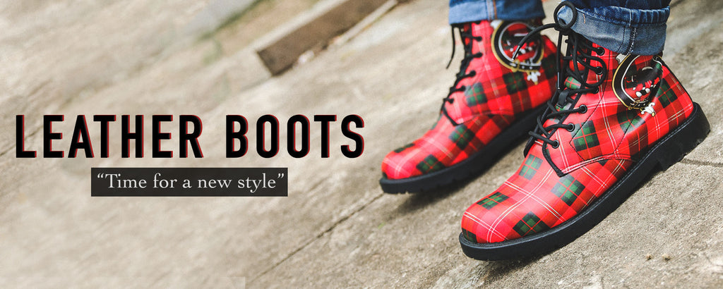 leather boots, tartan boots, tartan clan badge boot, sweet boots, cool boots