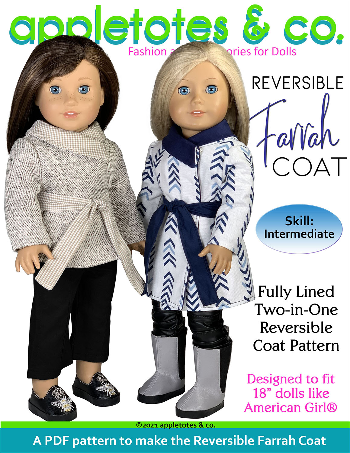 Reversible Farrah Coat 18 Inch Doll Sewing Pattern - Appletotes  Co product image