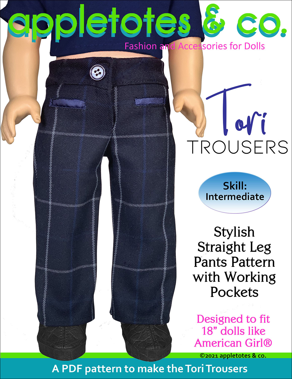 Tori Trousers 18 Inch Doll Sewing Pattern - Appletotes  Co product image