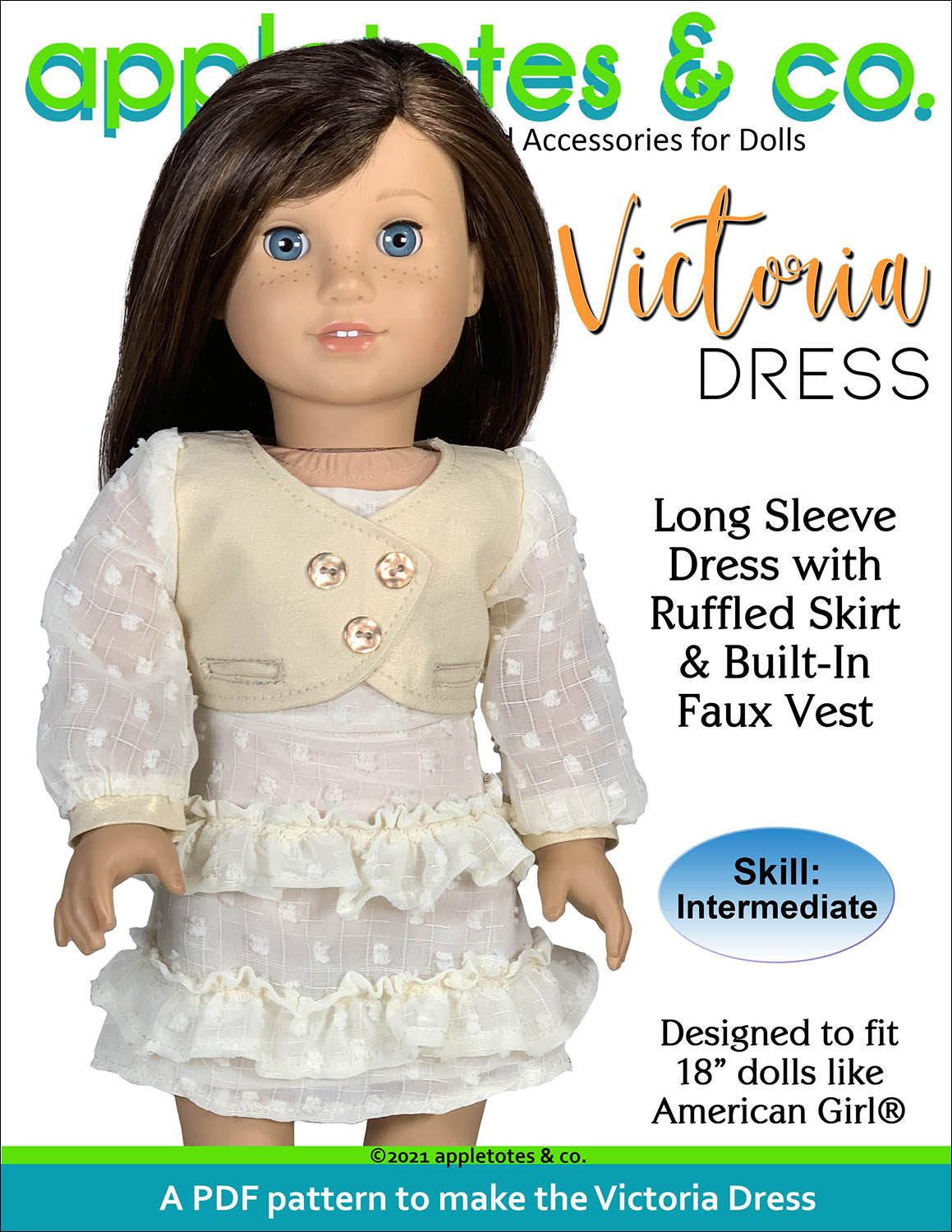 Victoria Dress 18 Inch Doll Sewing Pattern - Appletotes  Co product image