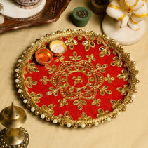 Traditional Gota Zari Pooja Thali 8"