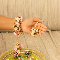 Floral Golden Pink Haath Phool Bracelet & Maang Tikka Set