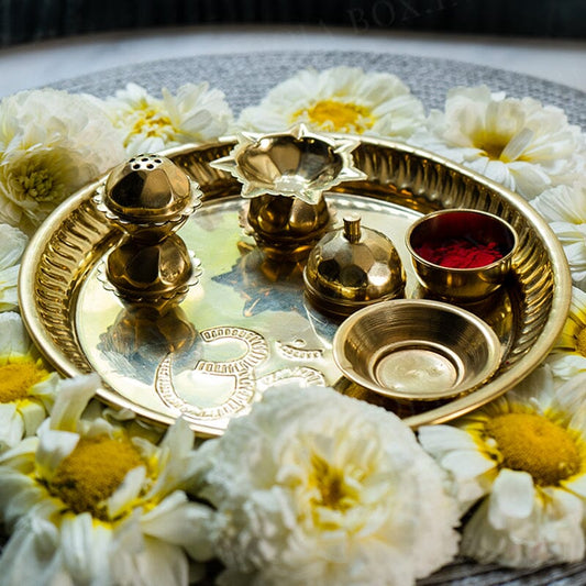 Buy Sanskriti Brass Pooja Thali (Set of 8) Online in India - Mypoojabox.in