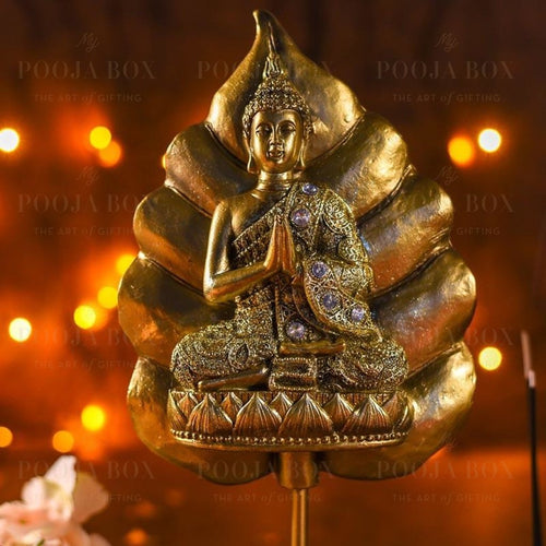 Buy Antique Golden Buddha On Standing Bodhi Leaf Online In Usa Worldwide Mypoojabox Com