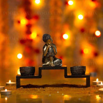 Decorative Relaxing Buddha on Wooden Base with Tealight Holder