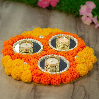 Festive Floral 3 Diya Pearl Studded Thali