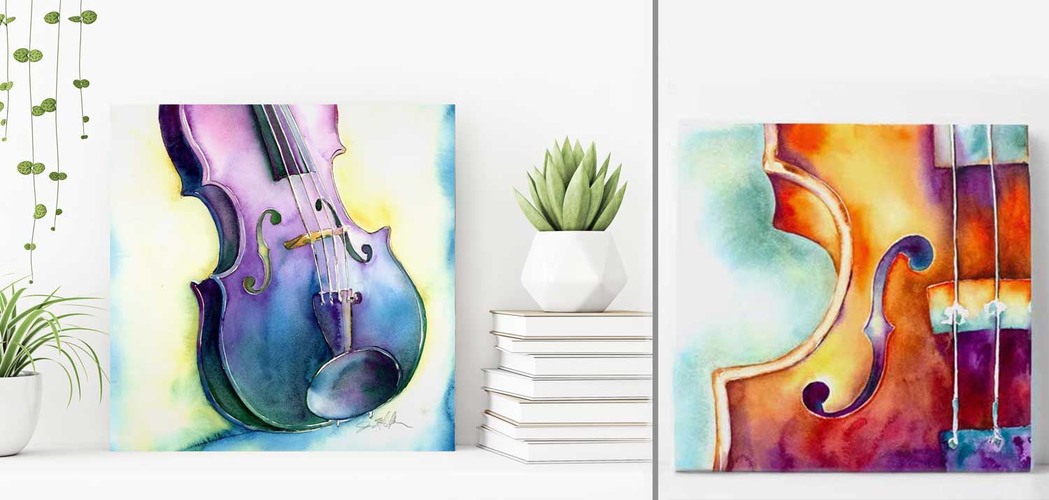 two colorful orchestra paintings