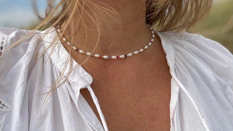 RAW Copenhagen pearl necklace design featuring small rice pearl here set with colour gemstones ethically sourced, handmade in the RAW Studio in Kent UK, can be custom fitted 