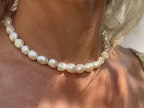 Baroque Pearl Choker necklace modelled against sunkissed skin