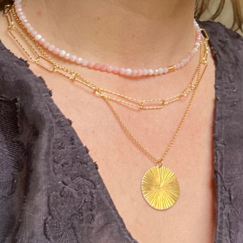 Make a wish pink opal necklace layered with RAW pendant necklaces in gold vermeil