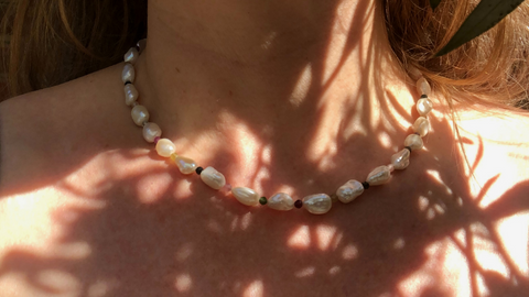Freshwater pearl choker with tourmaline, handmade in the UK, a seriously cheeky, chic and summerlicious design