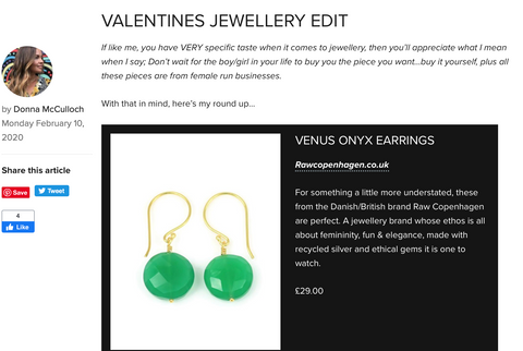 RAW Copenhagens gorgeous green onyx drop earrings pictured here were featured in the valentines guide by Sulky Doll aka Donna McCulloch Valentines jewellery gift guide edit for 2020