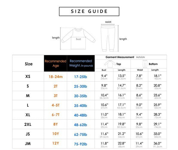 Long Sleeve Pajama Size Chart