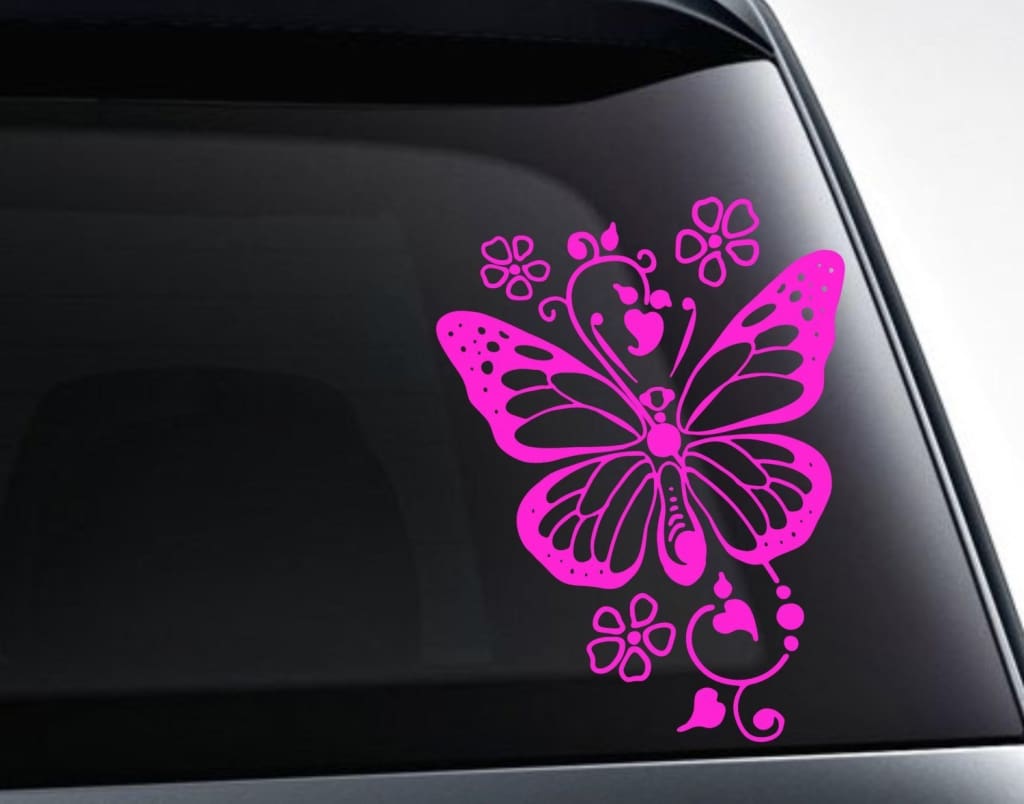Butterfly With Hearts And Flowers Vinyl Decal Sticker 