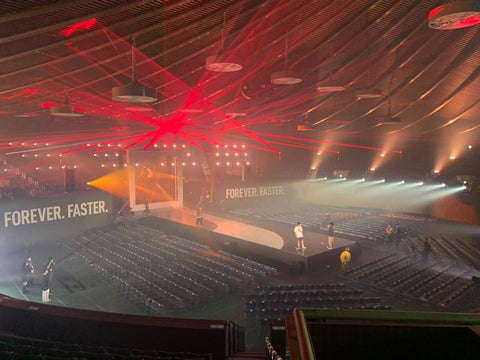 Fashion Models prepare for Puma Fashion show as lasers are preprogrammed for the show