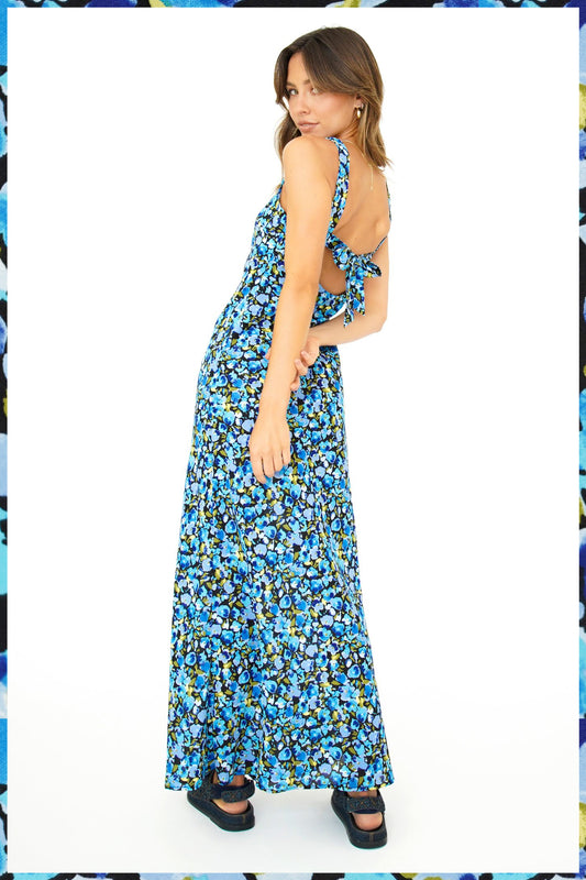 Holiday In Spain Bias Cut Maxi Dress // Blue