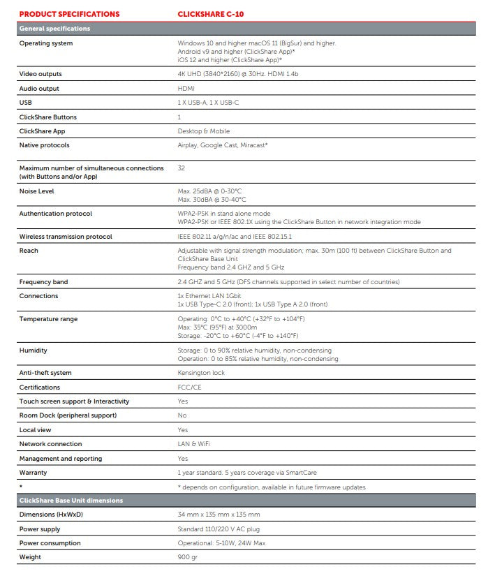 Barco C-10 Spec Table