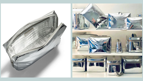 Silver Reflective Makeup Bags and Organizers on a white shelf