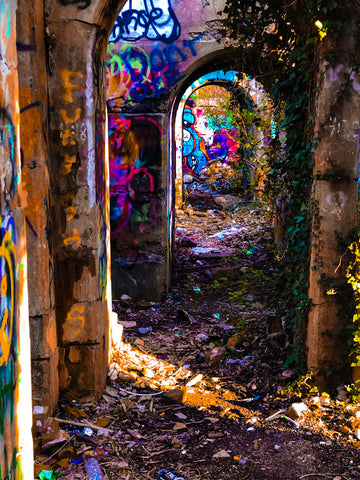 graffitied ruins at Belcher Cove