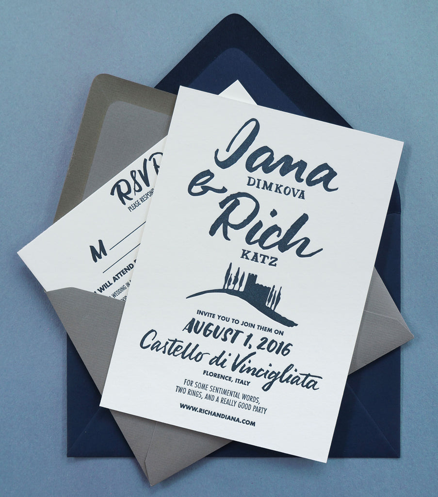 Letterpress printed hand lettered wedding invitation Italian wedding And Here We Are