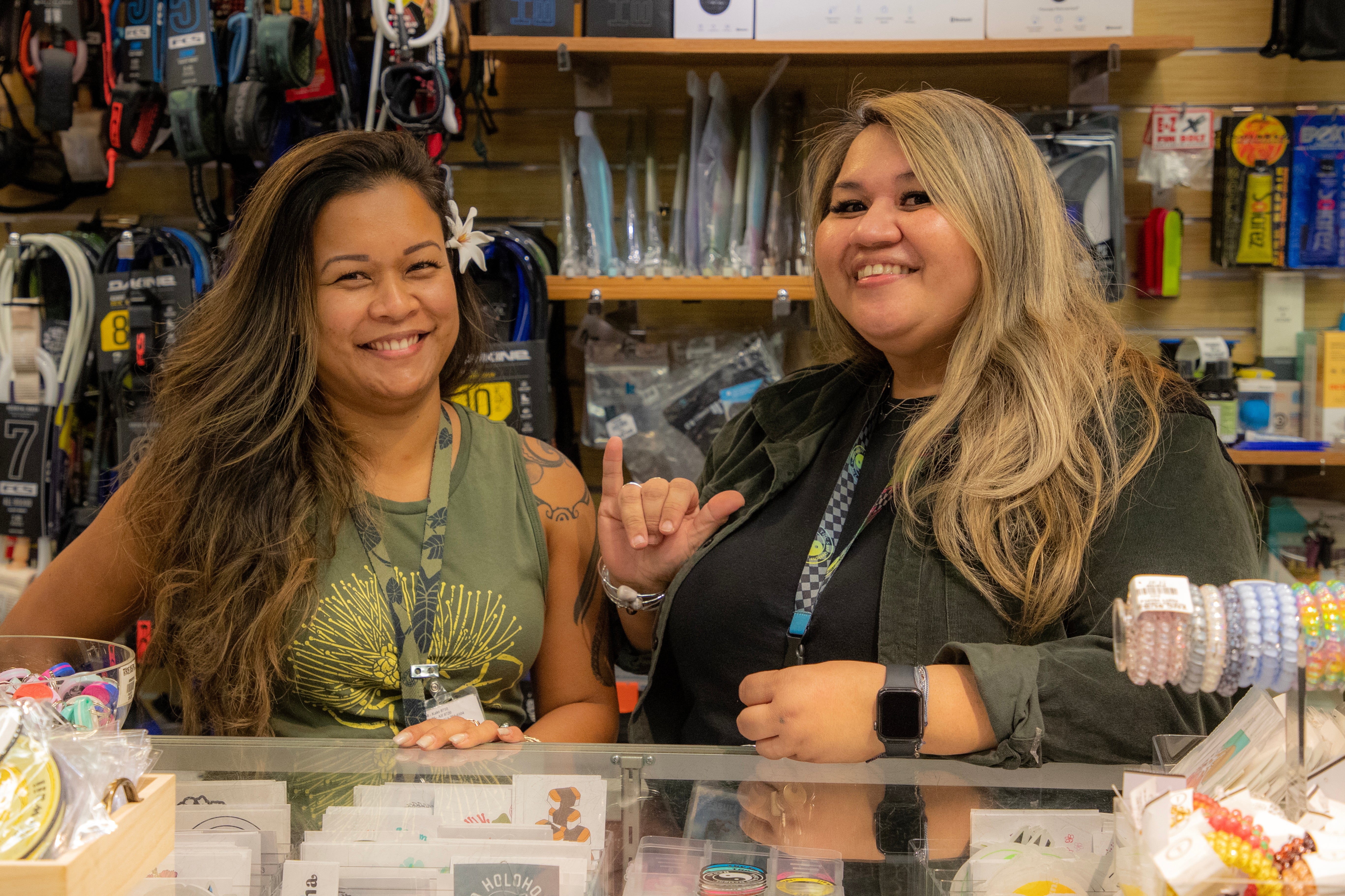 Store Manager Celeste Keohokapu and Assistant Manager Fran Na-o of T&C Surf Windward