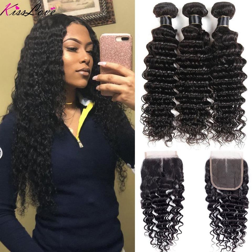 Deep Wave Brazilian Human Hair Bundles With Closure