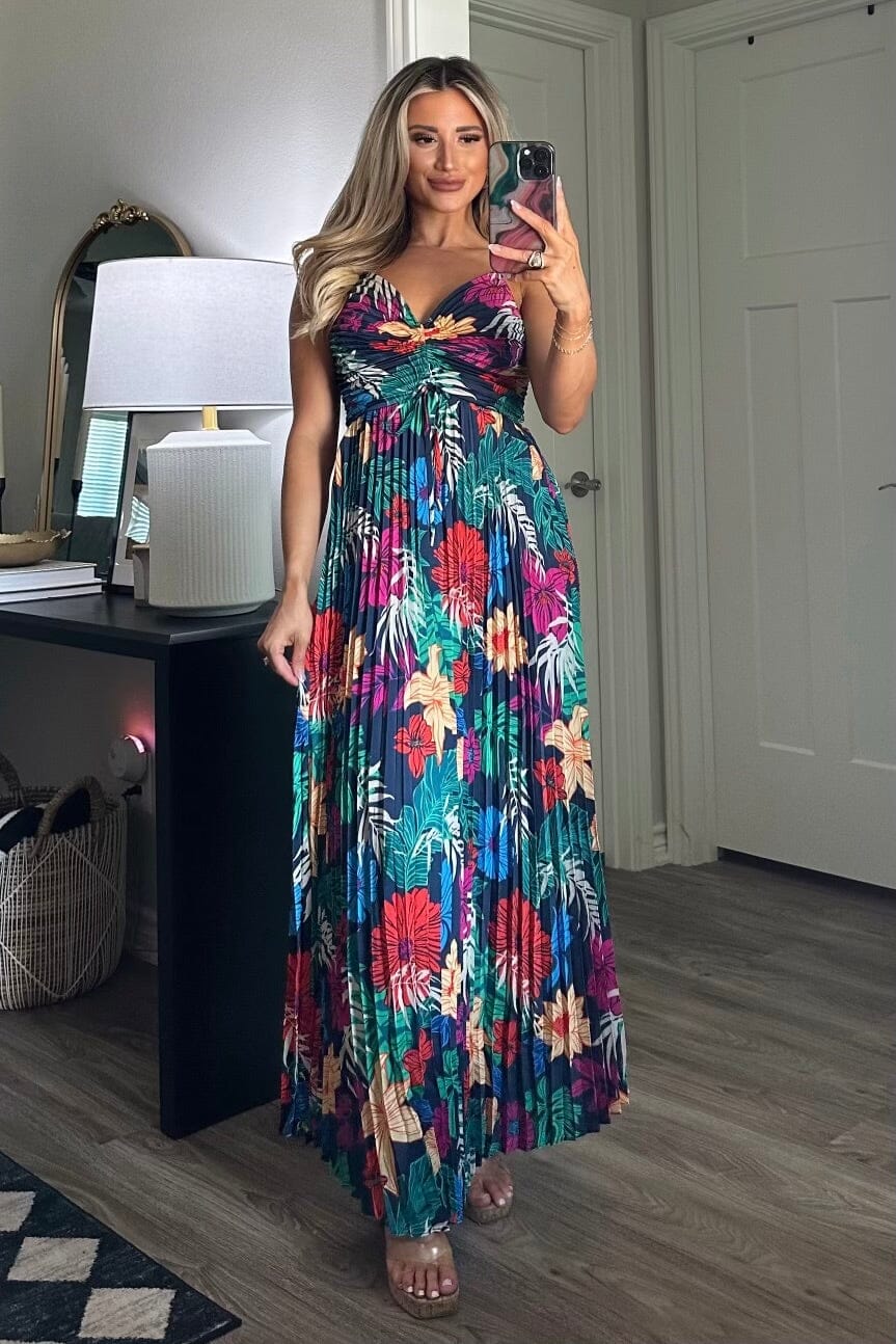 Tropicana Sunsets Pleated Maxi Dress: Navy Multi