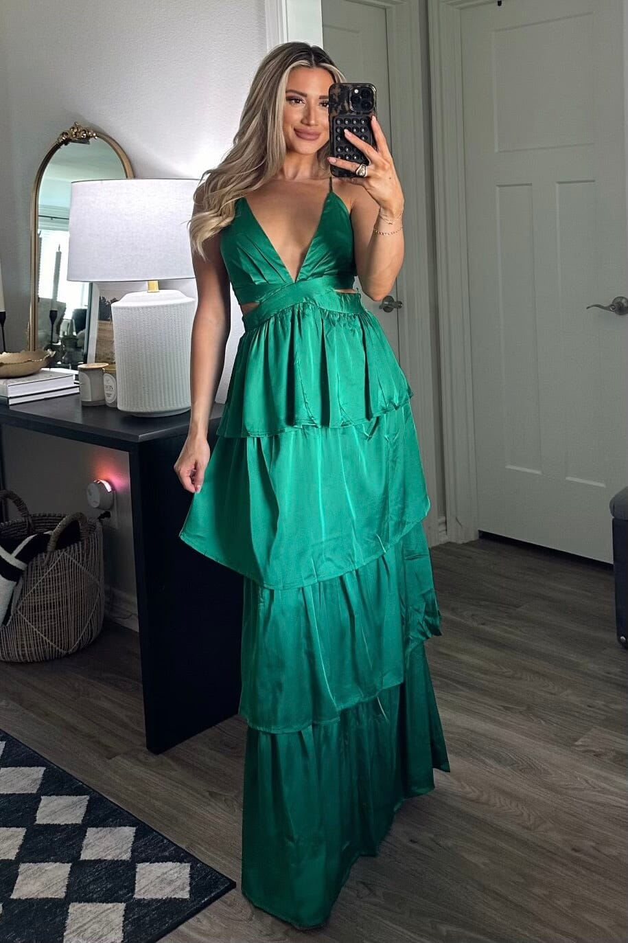 Florence Tiered Satin Maxi Dress: Green