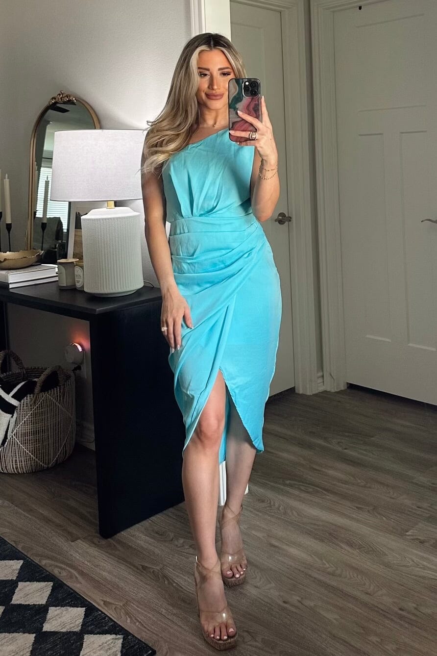 Happy With You One Shoulder Satin Midi Dress: Bright Blue