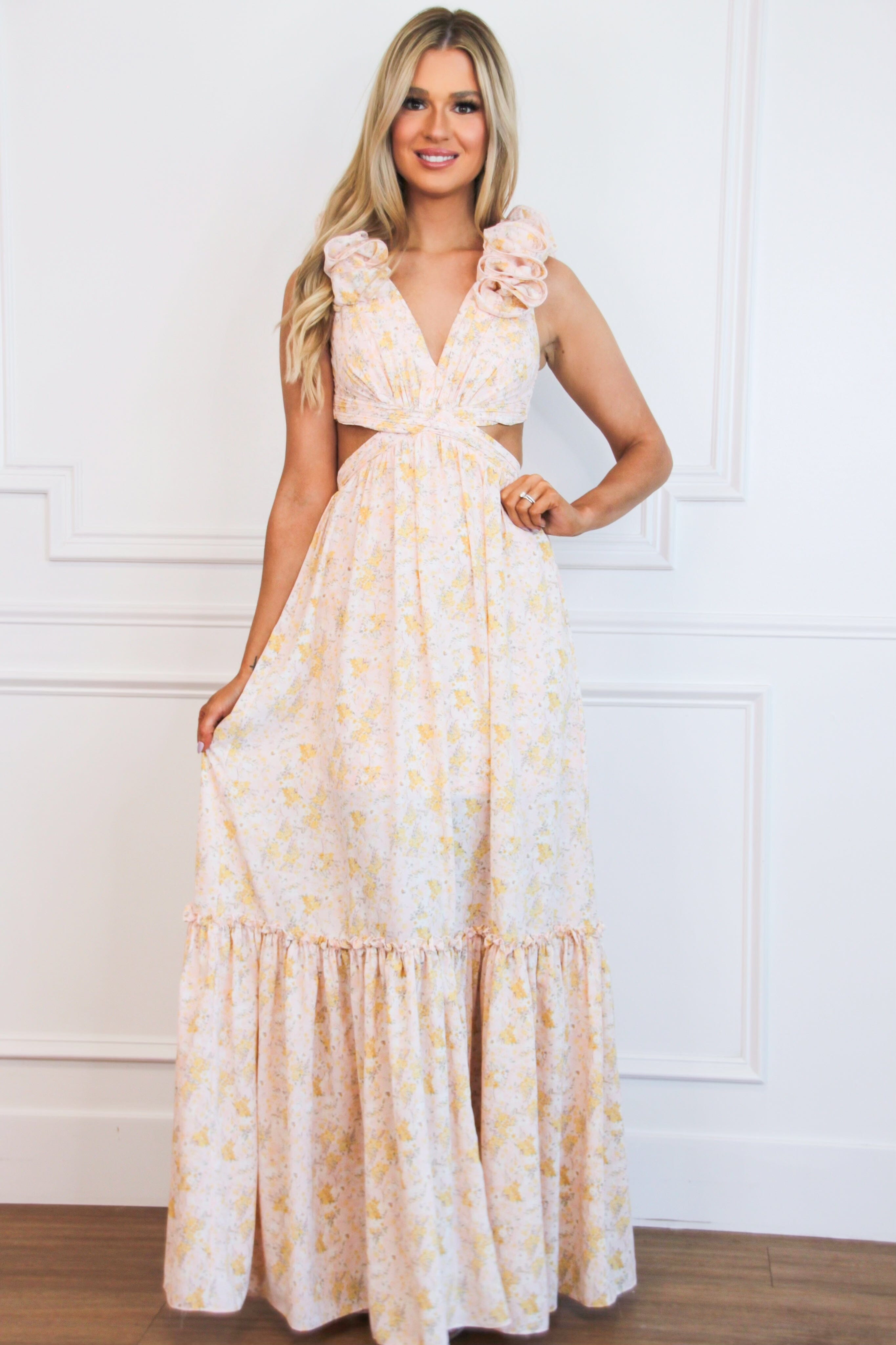 Floral Fantasy Ruffle Cutout Maxi Dress: Light Pink