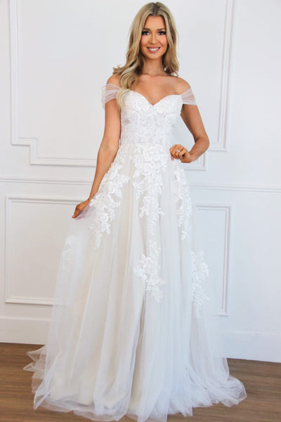 Fabulous White A-line Off Shoulder Tulle Wedding Dresses with Sweep Brush  Train, MW235 – Musebridals