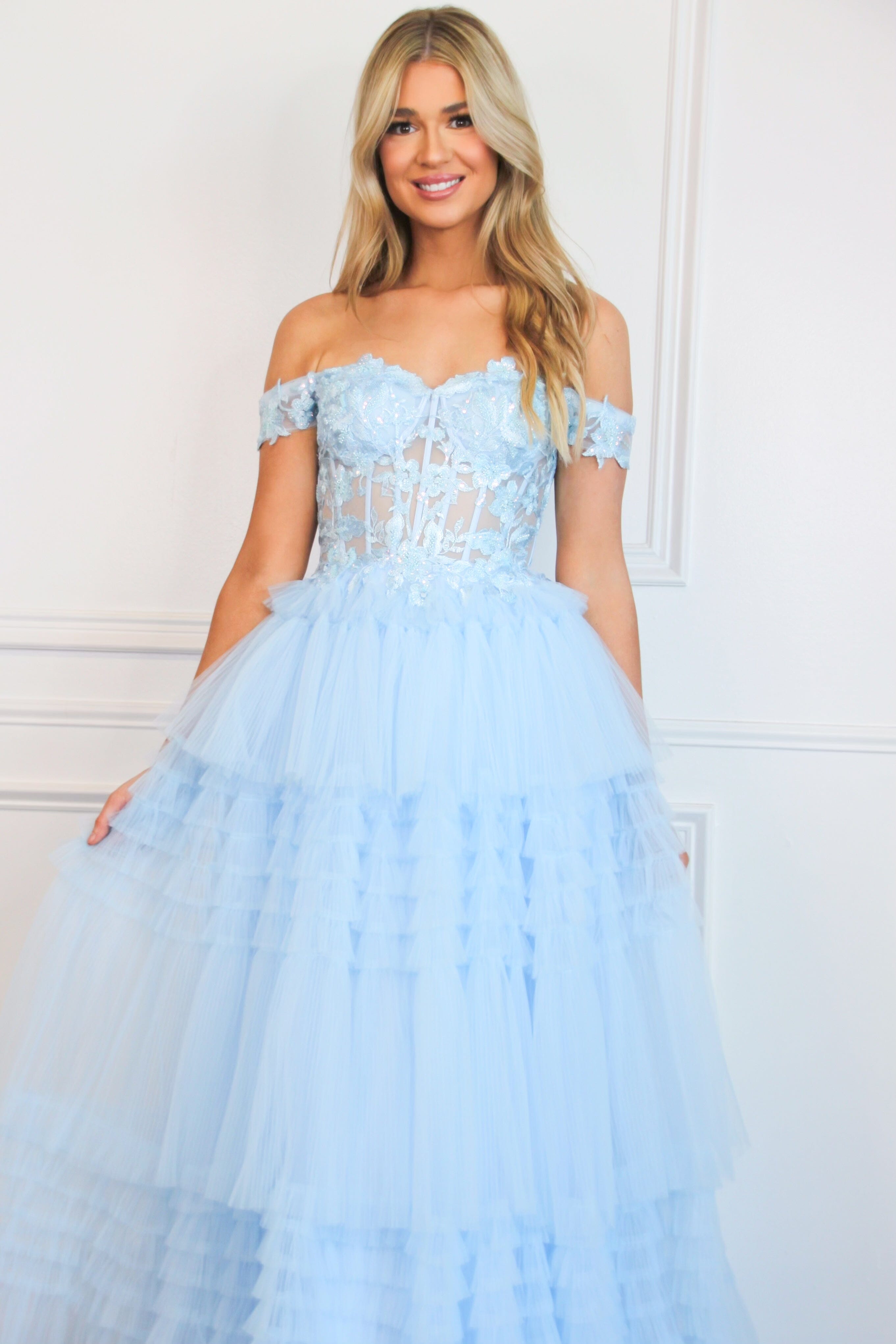 Vienna Sparkly Lace Bustier Tulle Ruffle Formal Dress: Light Blue