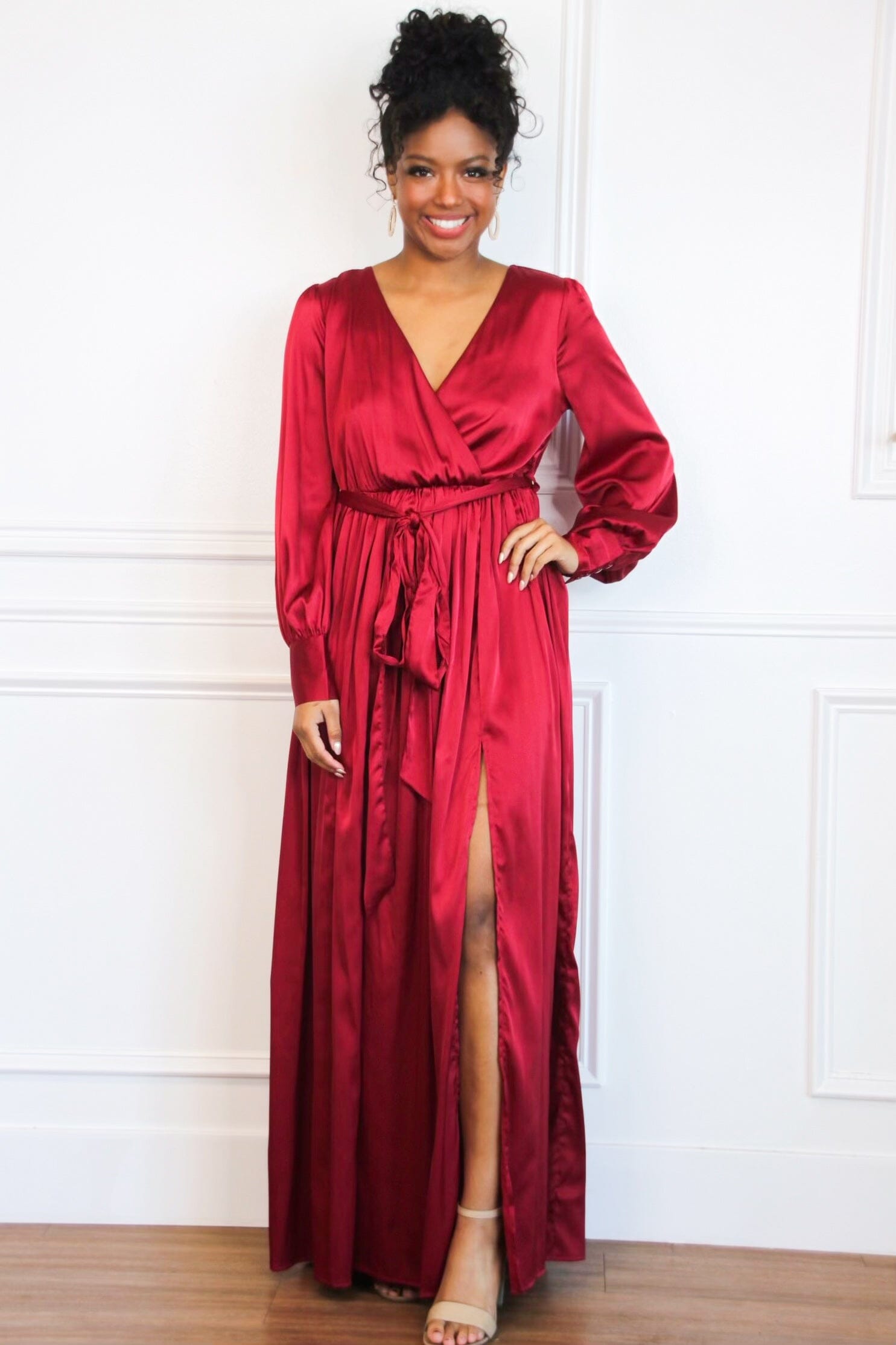 Jordana Long Sleeve Satin Maxi Dress: Burgundy