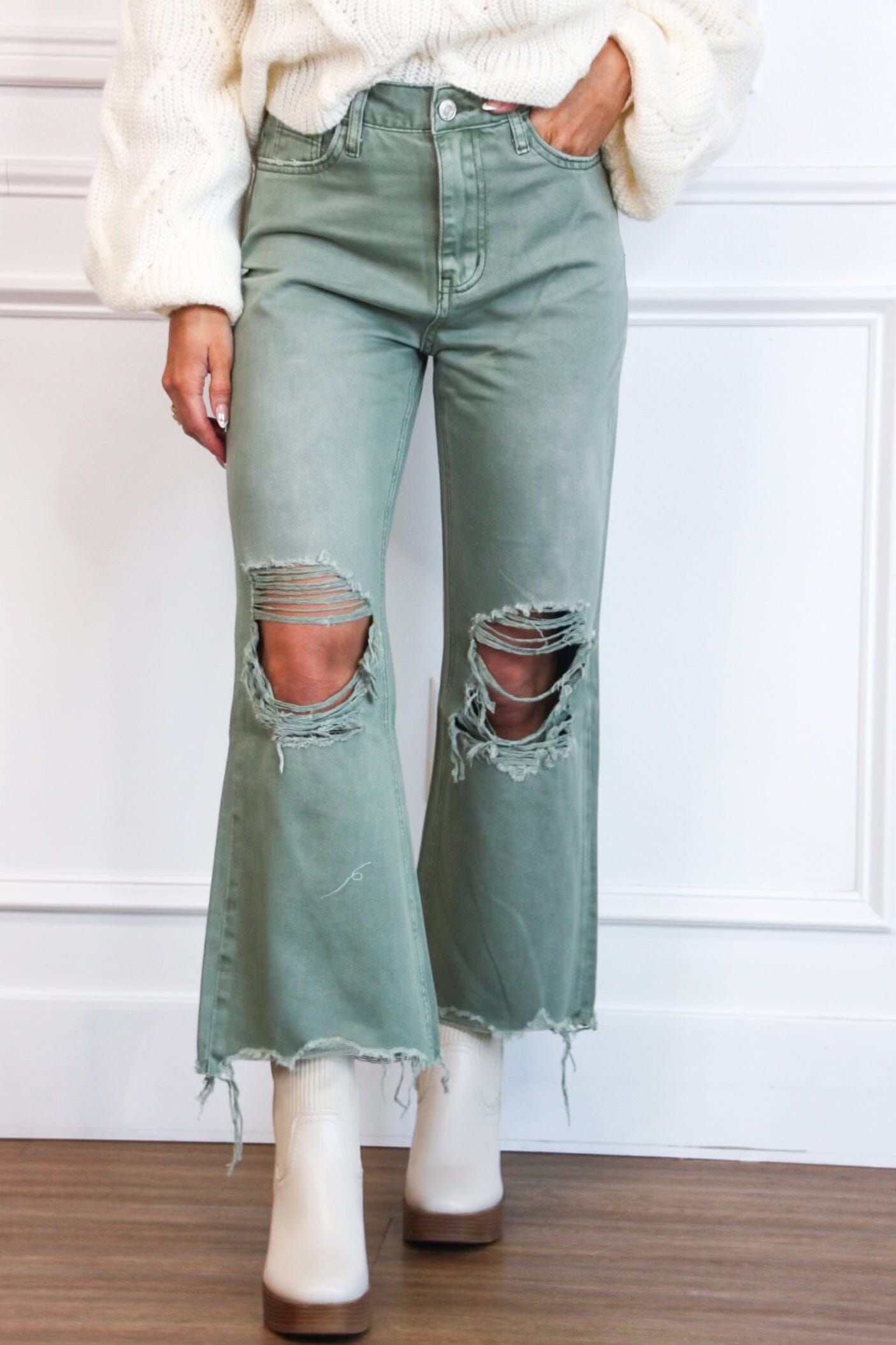 Leslie Distressed Straight High Waisted Crop Flare Denim: Olive Green