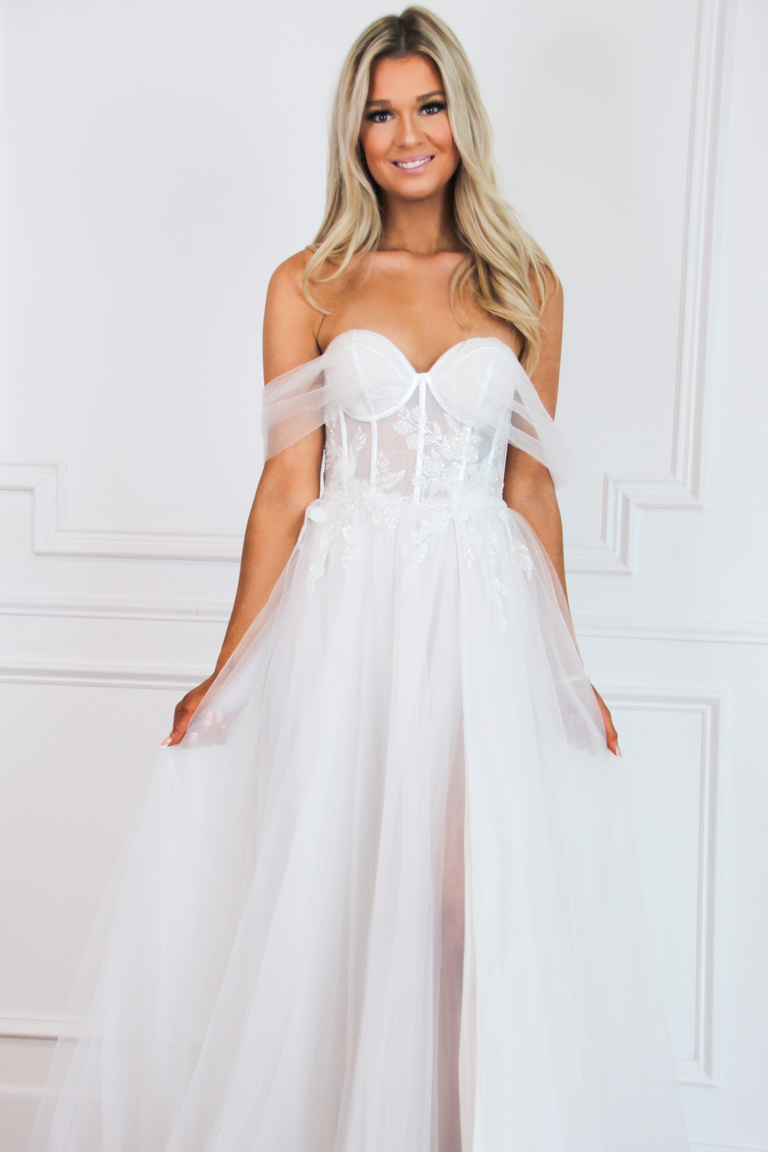 Valeria Off Shoulder Tulle Slit Wedding Dress: Off White