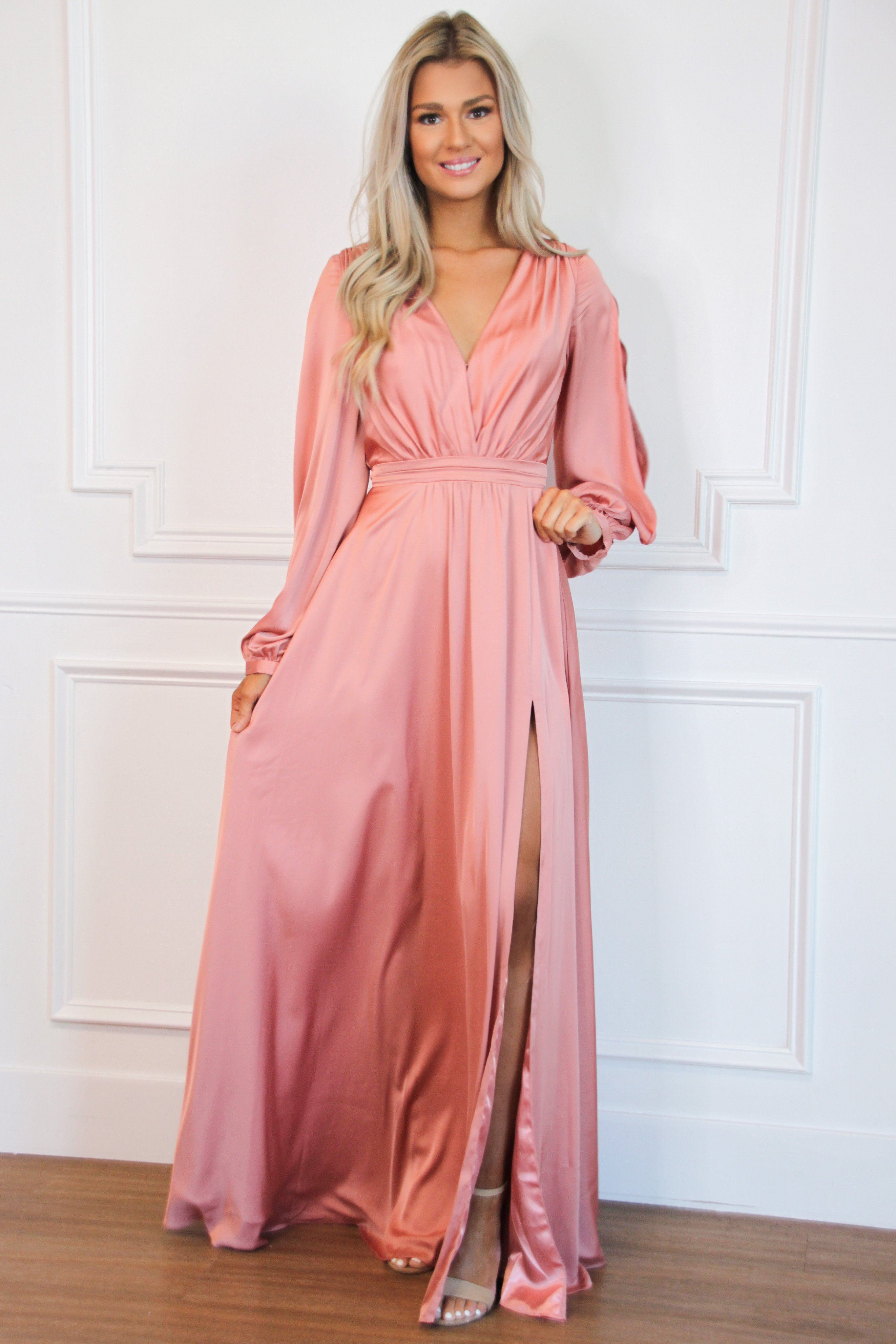 Scarlett Long Sleeve Slit Formal Dress: Spring Rose