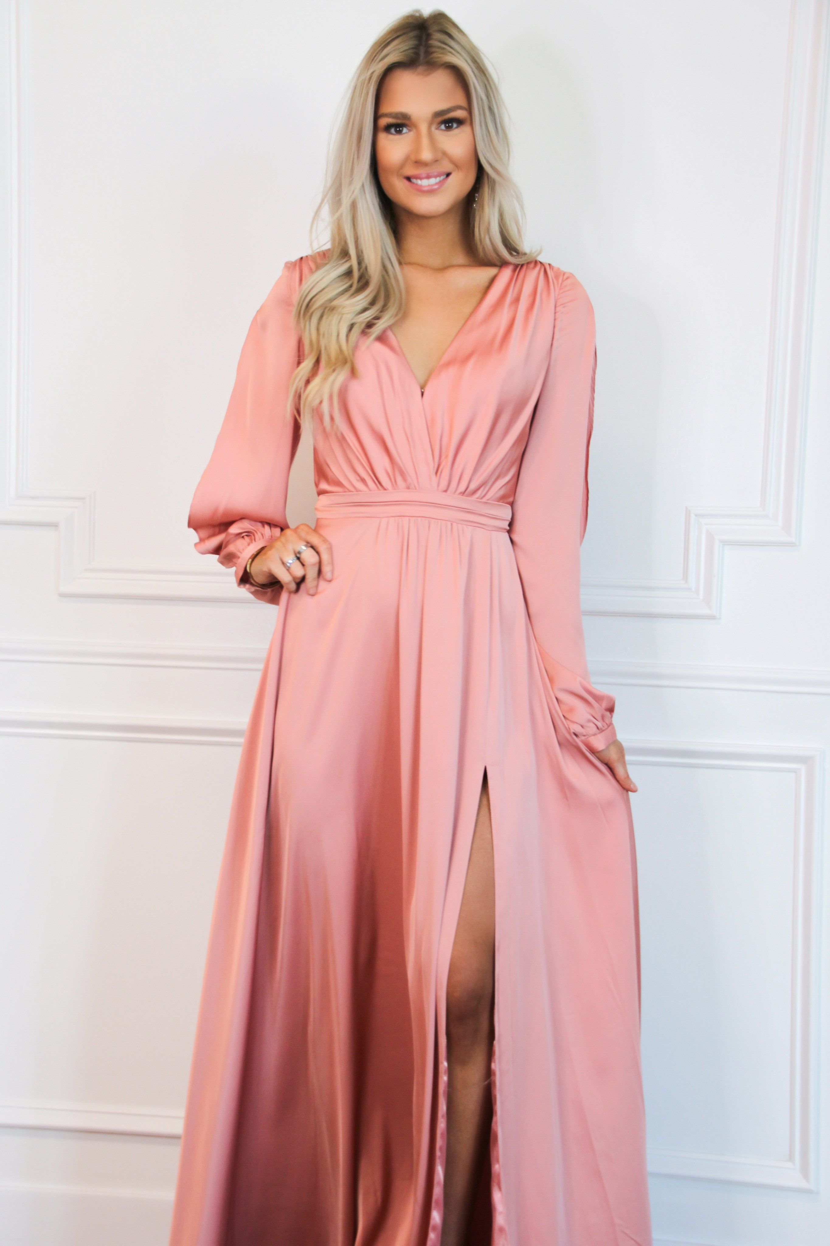 Scarlett Long Sleeve Slit Formal Dress: Spring Rose