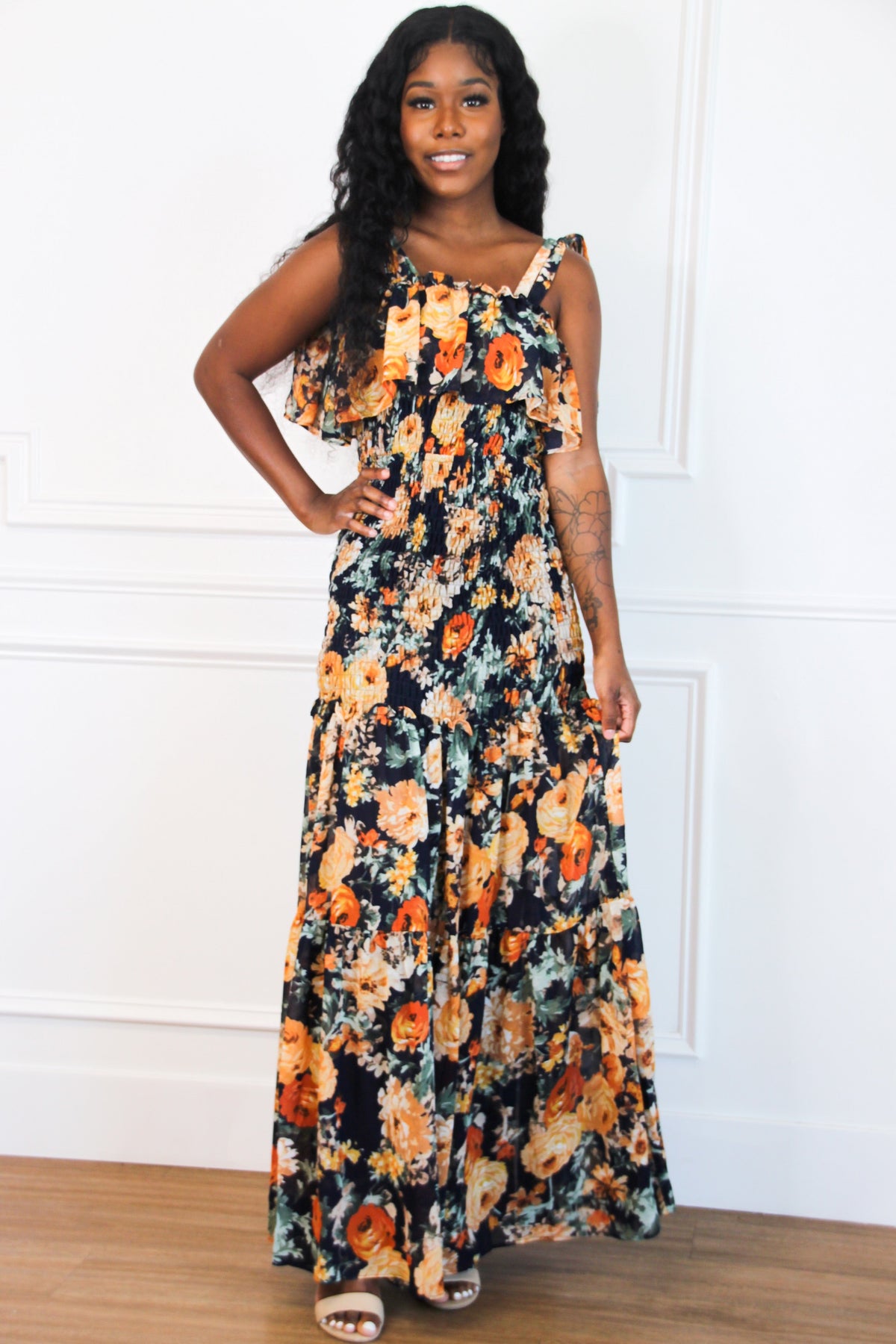 Bella and Bloom Boutique - Indica Floral Smocked Maxi Dress: Navy Multi