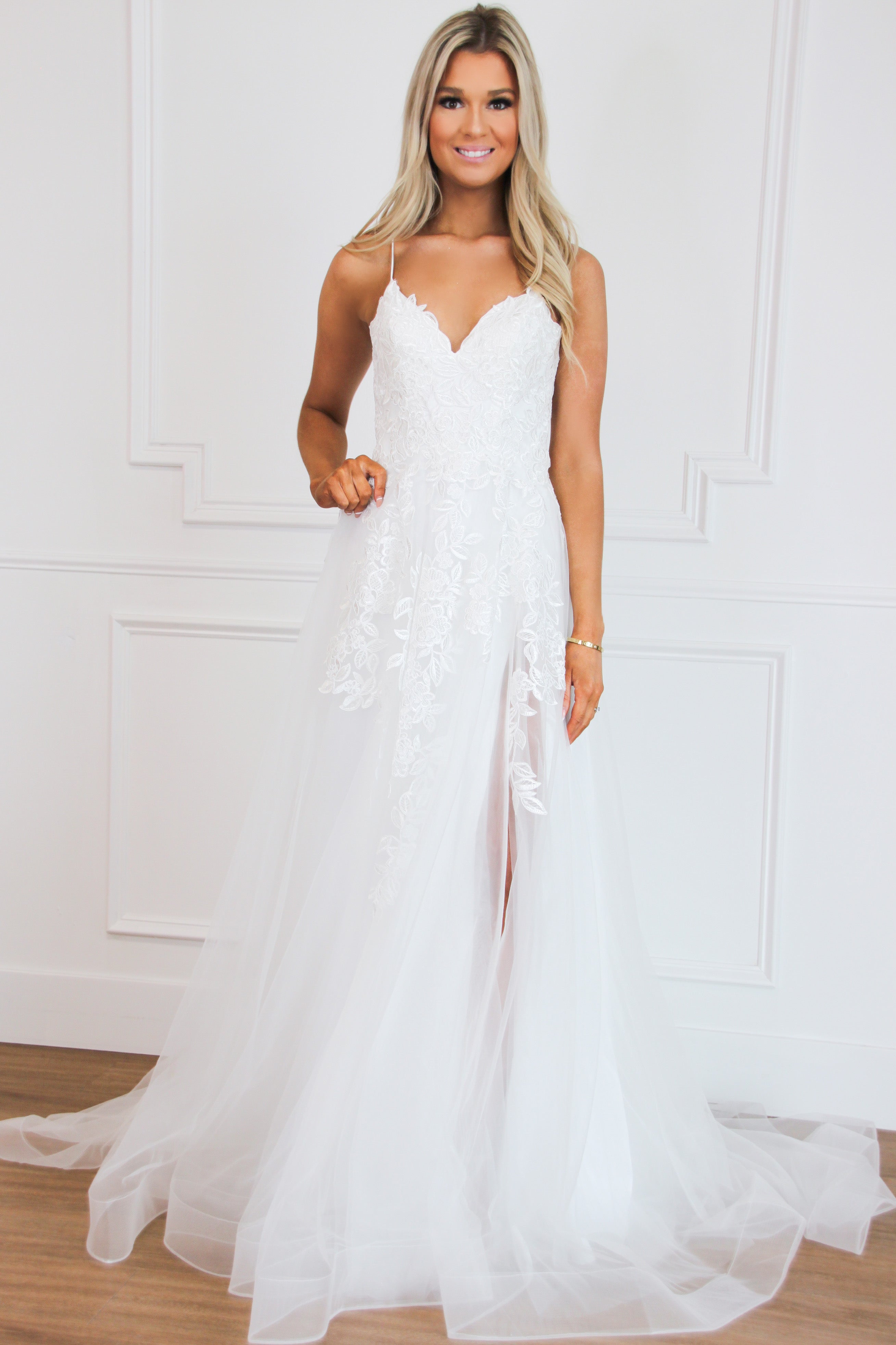 Grace Tulle Lace Slit Wedding Dress: White