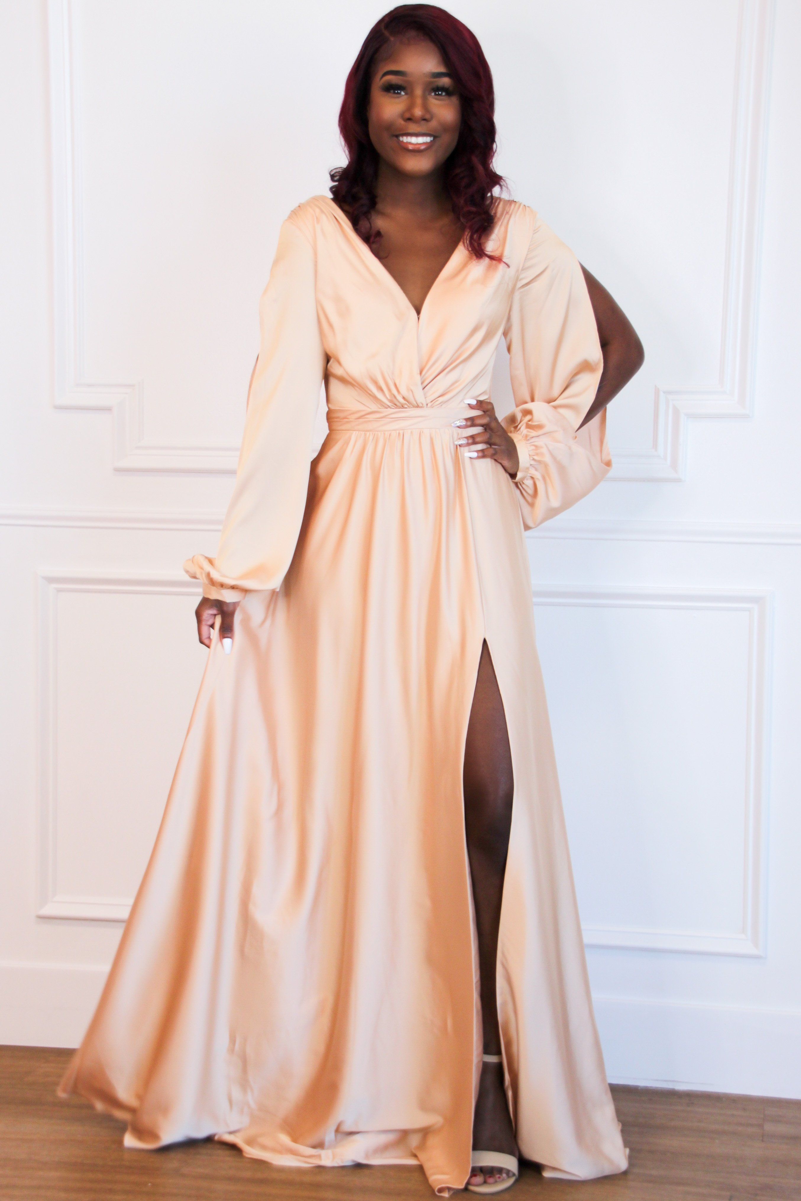 Scarlett Long Sleeve Slit Formal Dress: Champagne