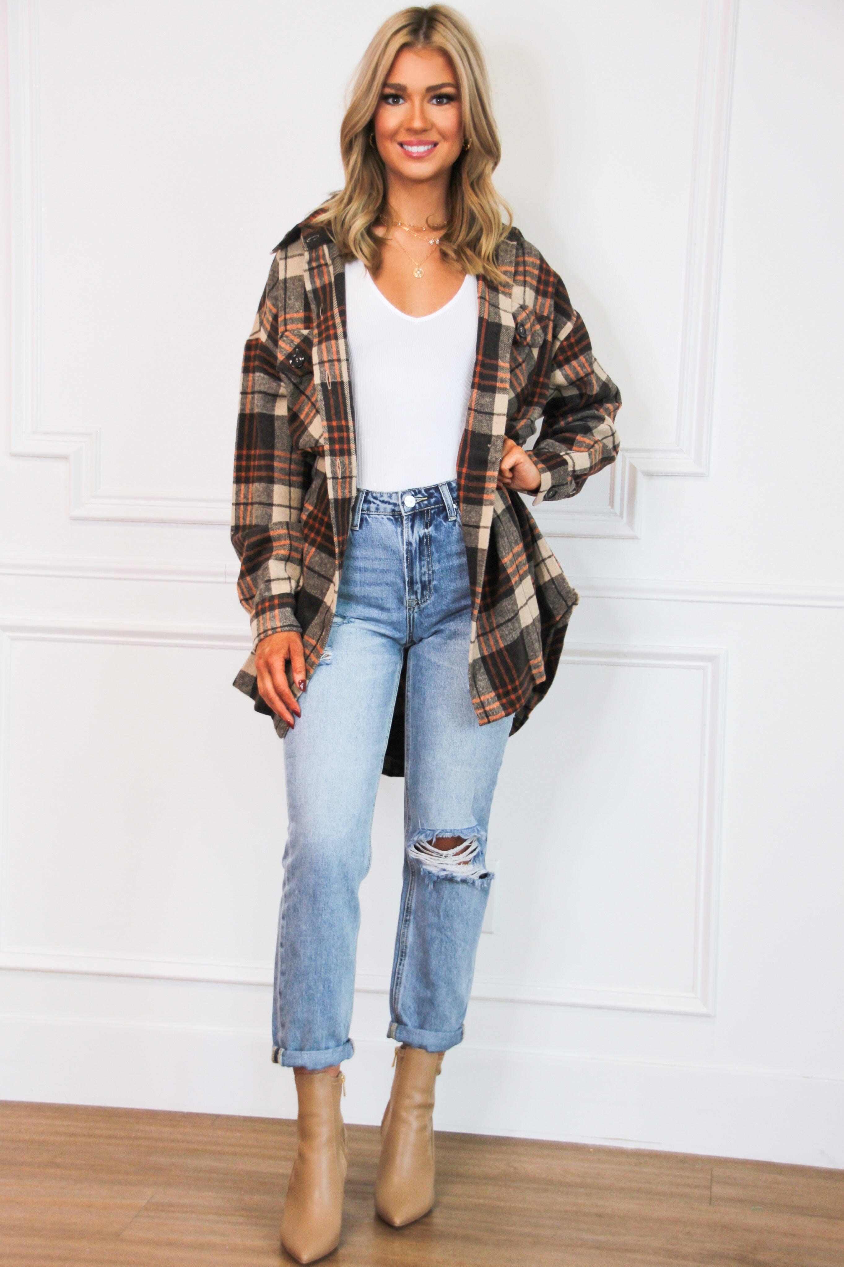 Look Within Oversized Plaid Shacket: Chocolate/Rust