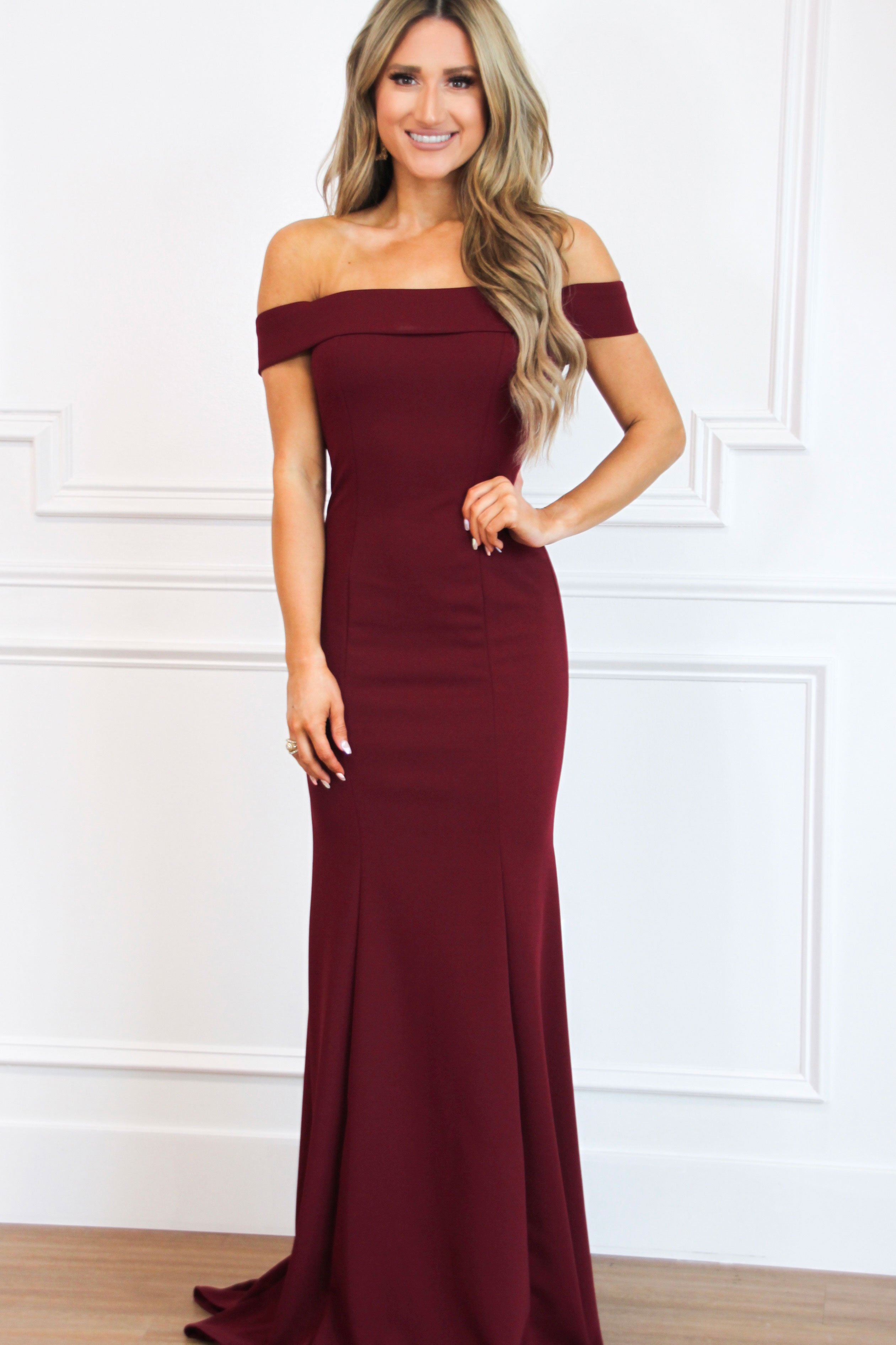 Whitney Off Shoulder Long Dress: Burgundy