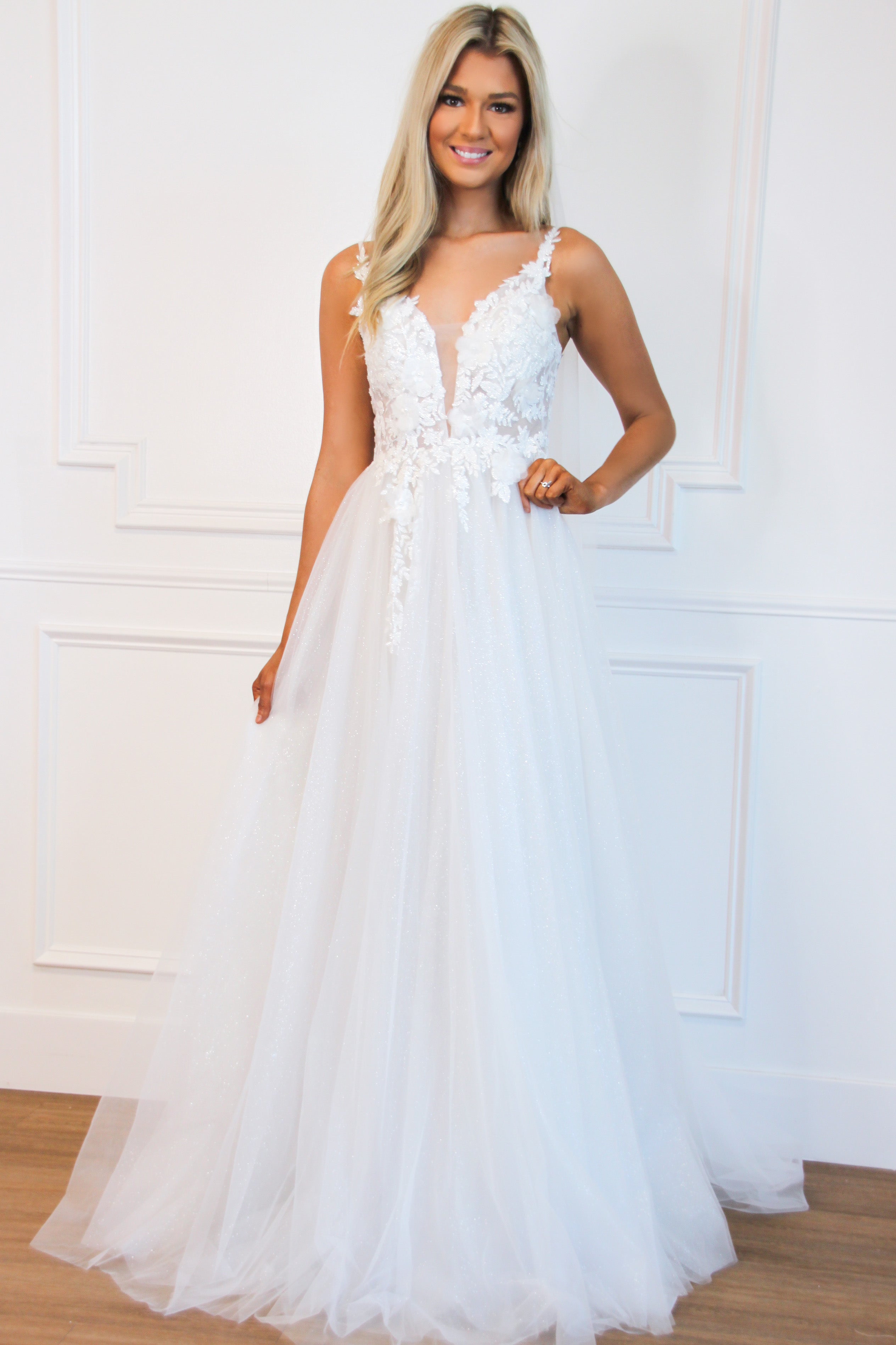 Until I Found You Sparkly Tulle Wedding Dress: Off White